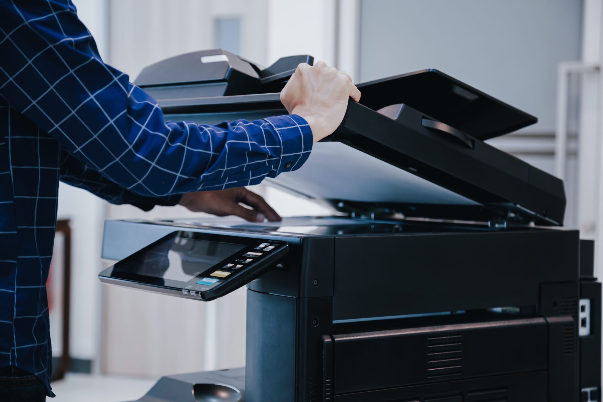 Copier printer, Close up hand office man press copy button on pa